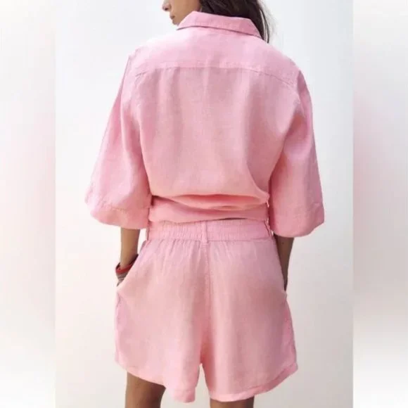 ZARA 2 PIECES LINEN SHIRT WITH POCKET & CARGO SHORTS - Picture 9 of 9